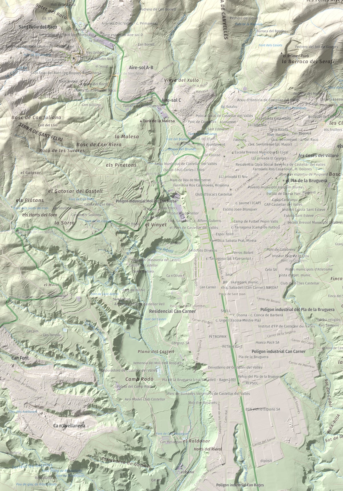 Mapa de relieve de Puig de la Creu, 668 m, Vallès Occidental, lámina 100 Cims de Trobart. Detalle de la zona inferior izquierda. 70 × 100 cm.