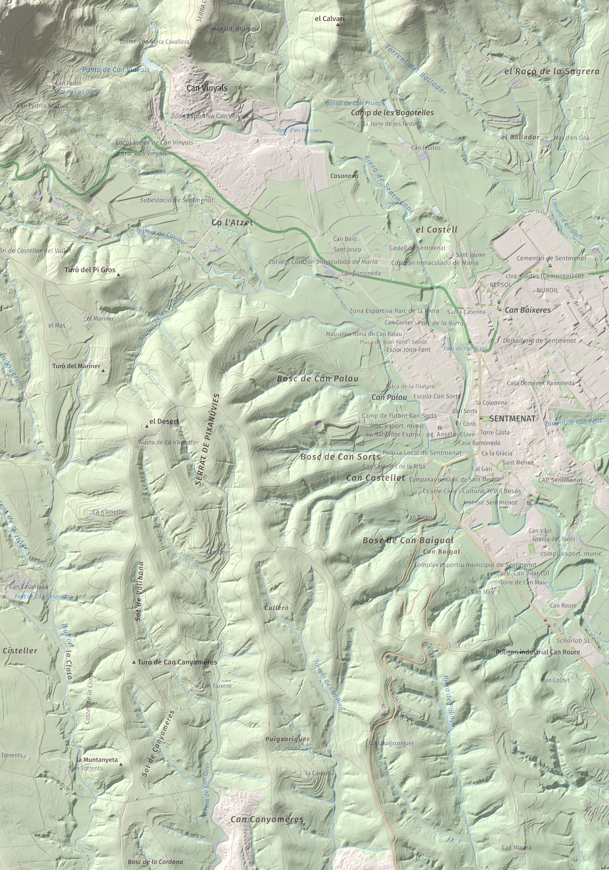Mapa de relieve de Puig de la Creu, 668 m, Vallès Occidental, lámina 100 Cims de Trobart. Detalle de la zona inferior derecha. 70 × 100 cm.