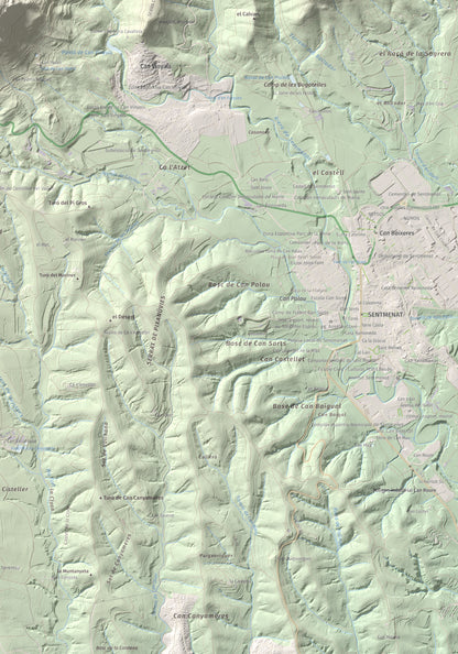 Mapa de relieve de Puig de la Creu, 668 m, Vallès Occidental, lámina 100 Cims de Trobart. Detalle de la zona inferior derecha. 70 × 100 cm.