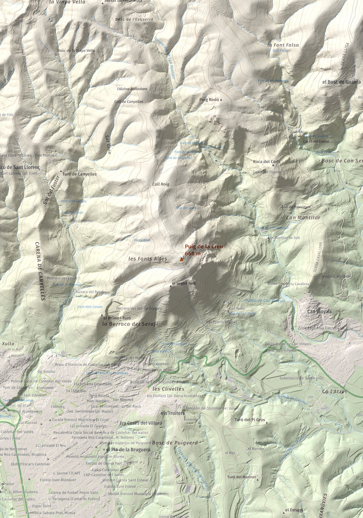 Mapa de relieve de Puig de la Creu, 668 m, Vallès Occidental, lámina 100 Cims de Trobart. Detalle de la zona central. 70 × 100 cm.