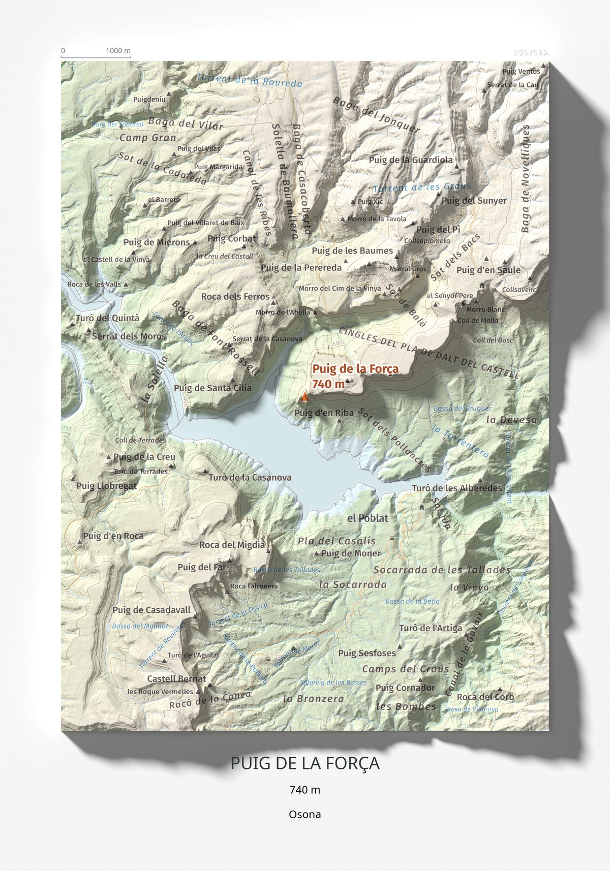 Mapa de relieve de Puig de la Força, 740 m, Osona, lámina 100 Cims de Trobart 21 × 30 cm.