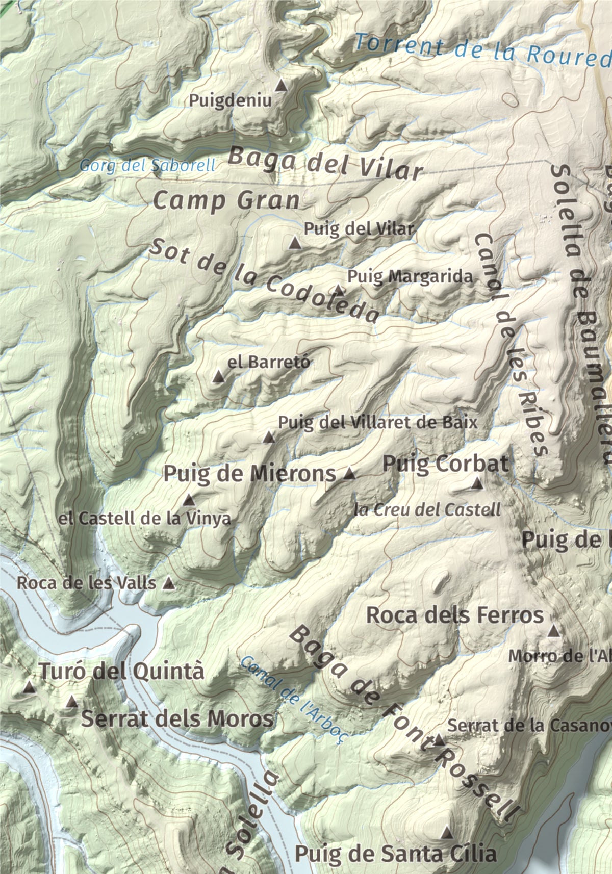 Mapa de relieve de Puig de la Força, 740 m, Osona, lámina 100 Cims de Trobart. Detalle de la zona superior izquierda. 21 × 30 cm.