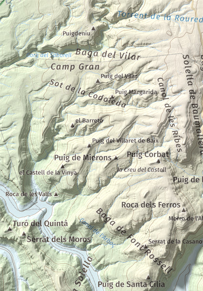 Mapa de relieve de Puig de la Força, 740 m, Osona, lámina 100 Cims de Trobart. Detalle de la zona superior izquierda. 21 × 30 cm.