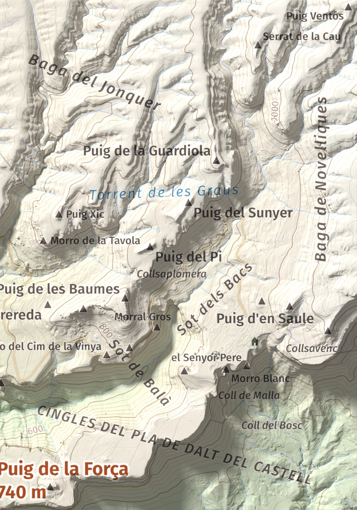Mapa de relieve de Puig de la Força, 740 m, Osona, lámina 100 Cims de Trobart. Detalle de la zona superior derecha. 21 × 30 cm.