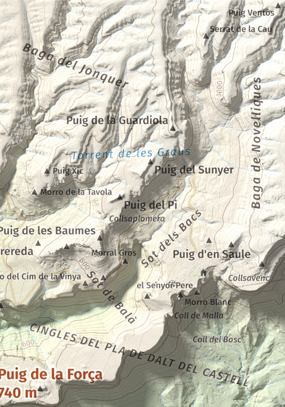 Mapa de relieve de Puig de la Força, 740 m, Osona, lámina 100 Cims de Trobart. Detalle de la zona superior derecha. 21 × 30 cm.