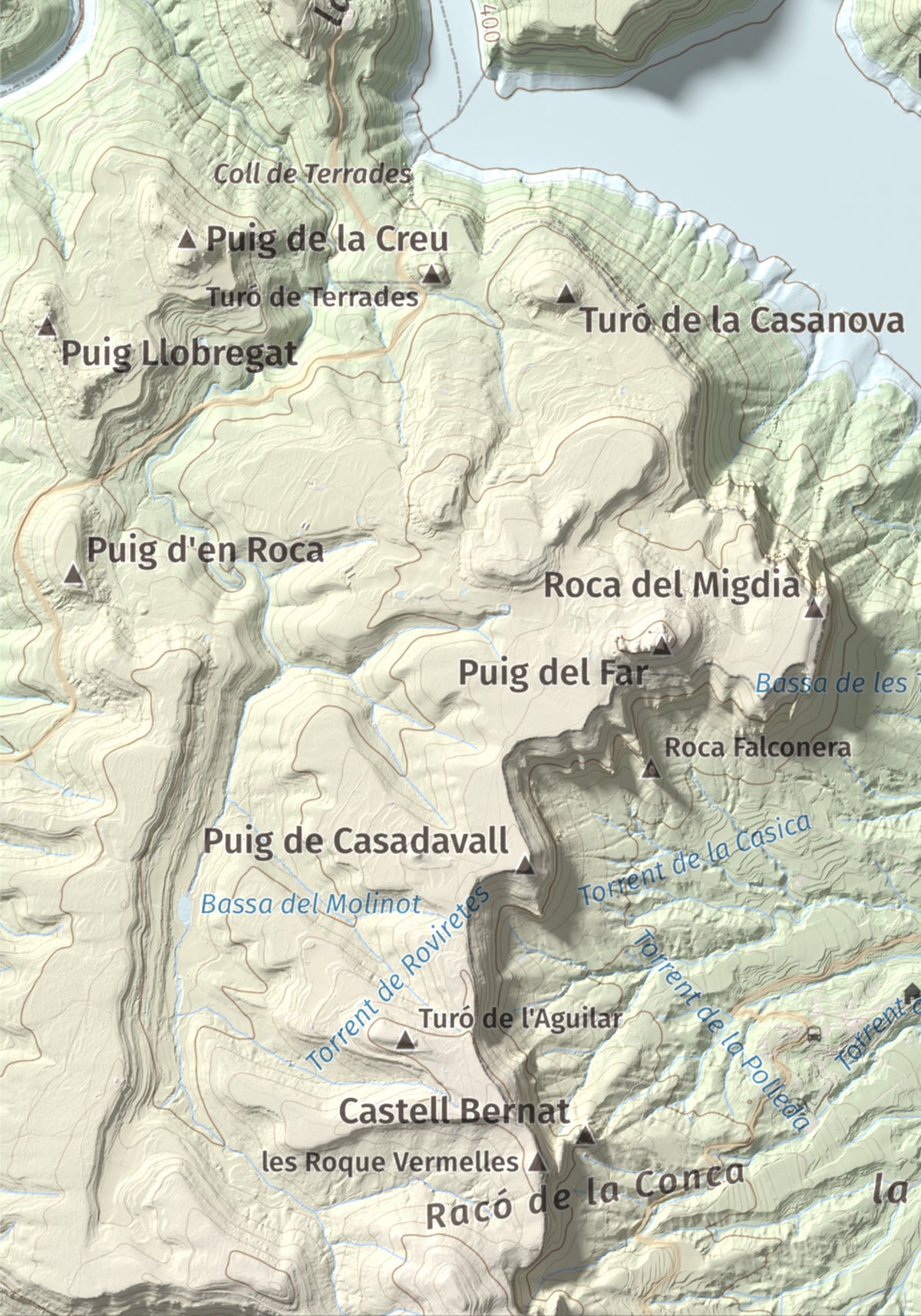 Mapa de relieve de Puig de la Força, 740 m, Osona, lámina 100 Cims de Trobart. Detalle de la zona inferior izquierda. 21 × 30 cm.