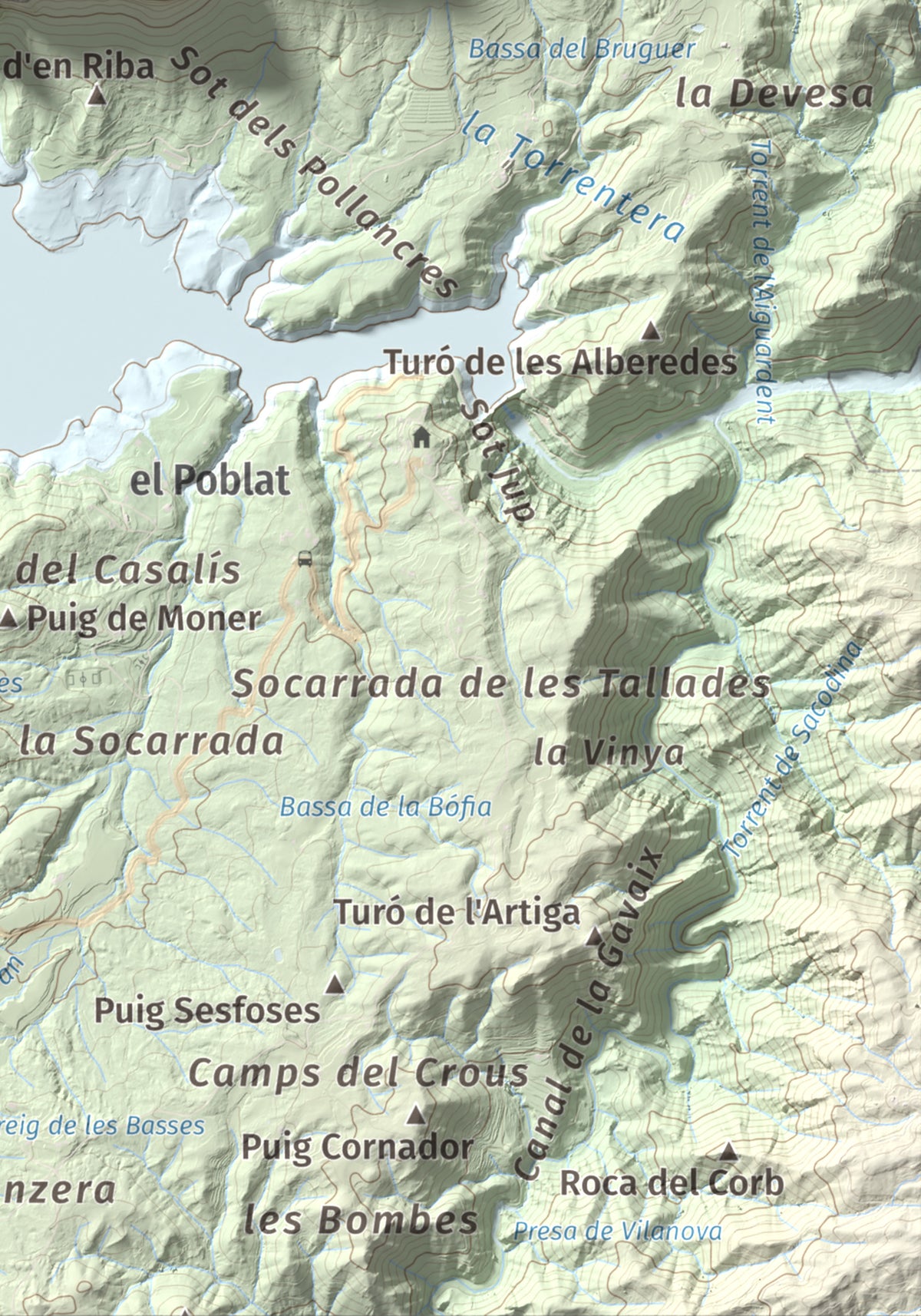 Mapa de relieve de Puig de la Força, 740 m, Osona, lámina 100 Cims de Trobart. Detalle de la zona inferior derecha. 21 × 30 cm.