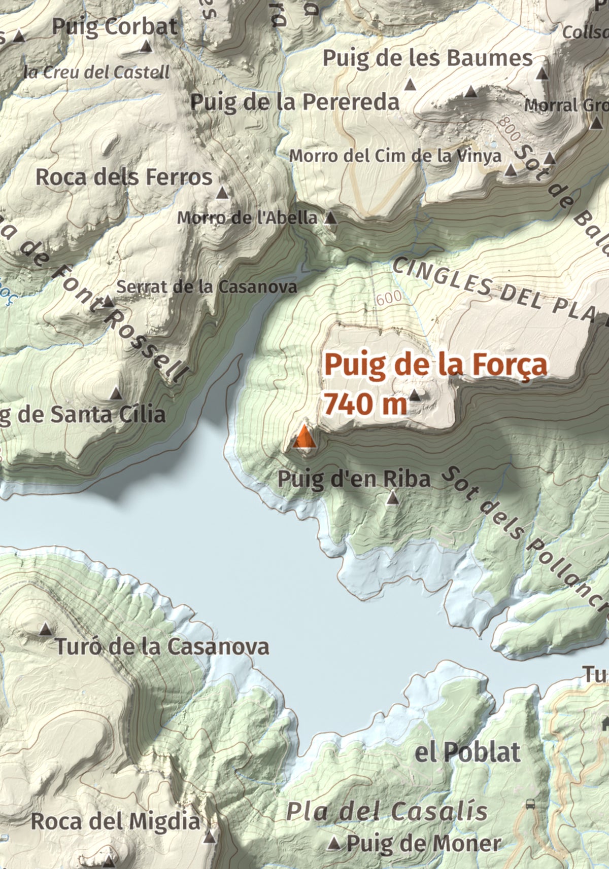 Mapa de relieve de Puig de la Força, 740 m, Osona, lámina 100 Cims de Trobart. Detalle de la zona central. 21 × 30 cm.