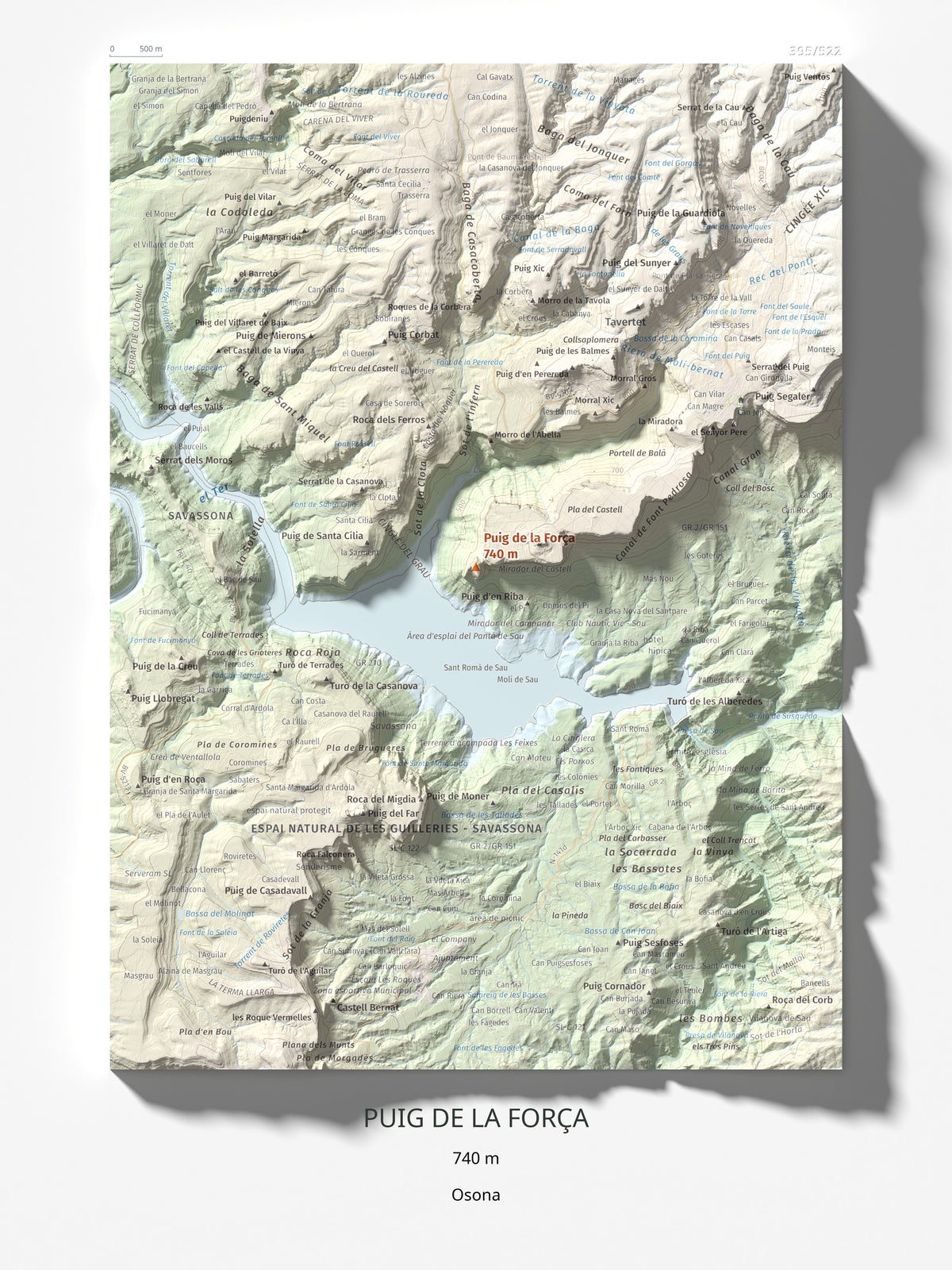 Mapa de relieve de Puig de la Força, 740 m, Osona, lámina 100 Cims de Trobart 30 × 40 cm.