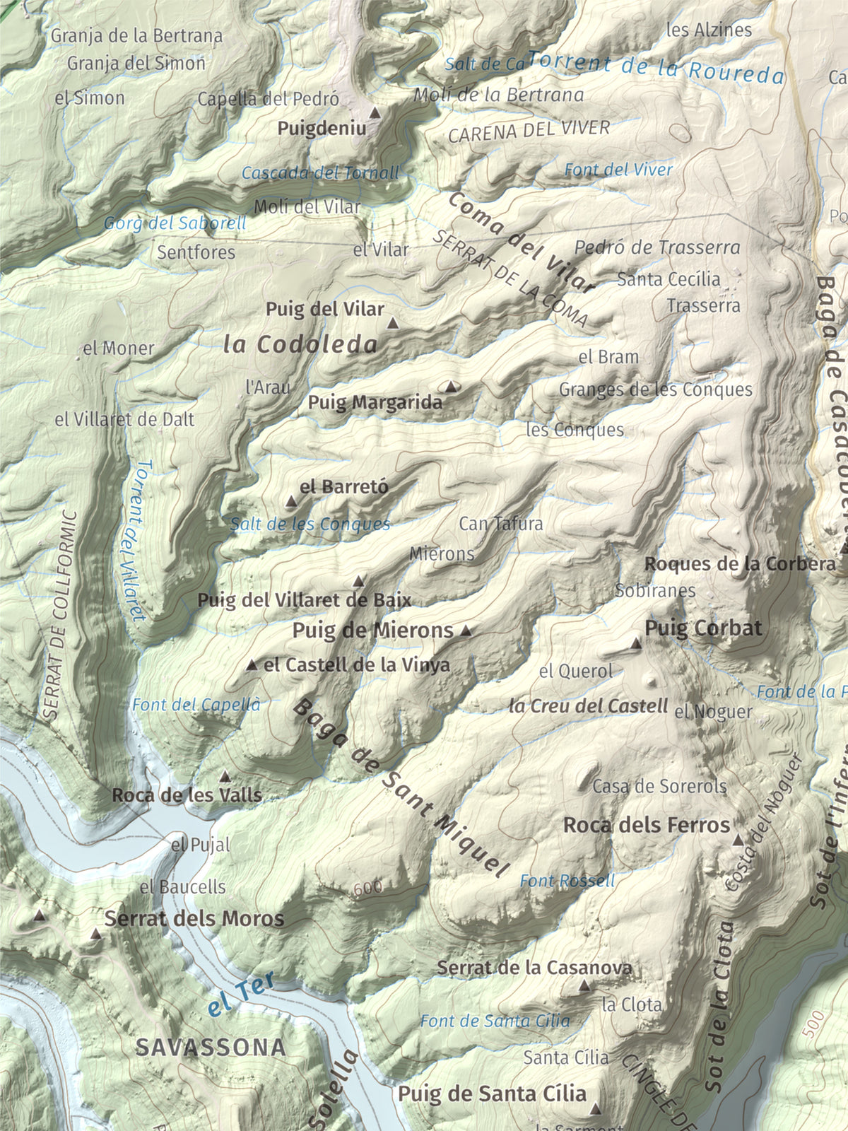 Mapa de relieve de Puig de la Força, 740 m, Osona, lámina 100 Cims de Trobart. Detalle de la zona superior izquierda. 30 × 40 cm.