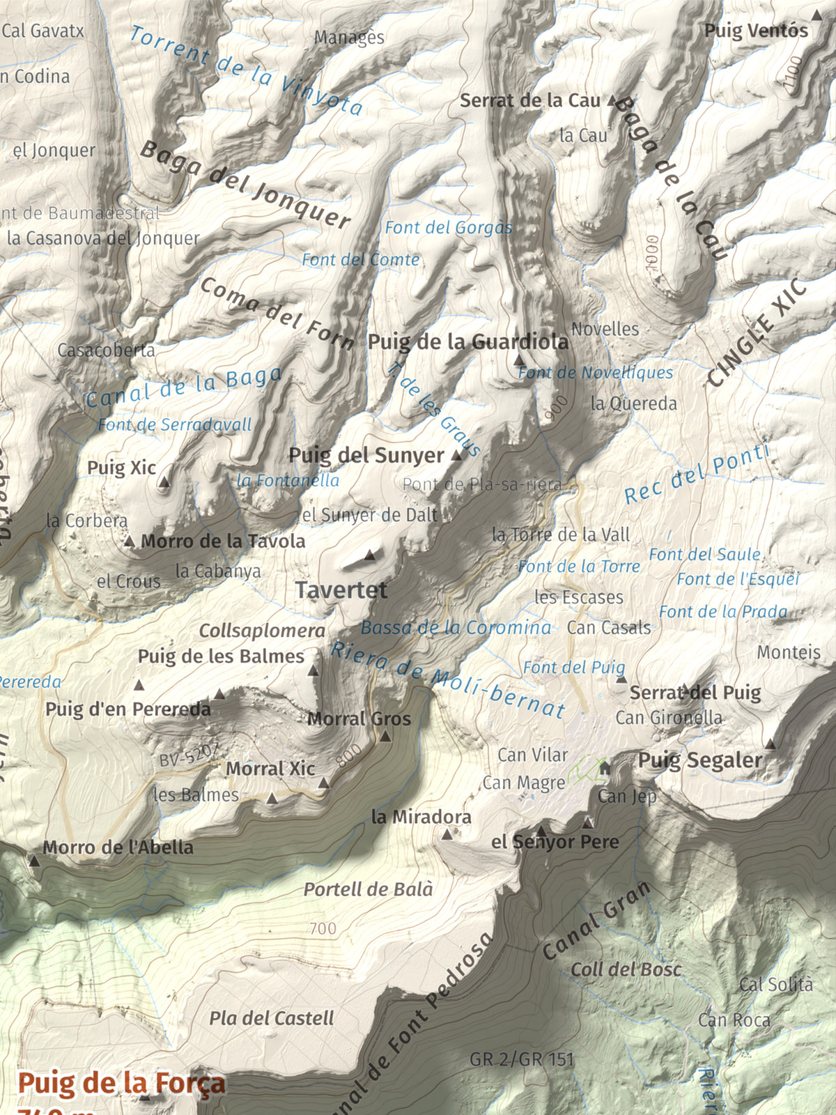 Mapa de relieve de Puig de la Força, 740 m, Osona, lámina 100 Cims de Trobart. Detalle de la zona superior derecha. 30 × 40 cm.