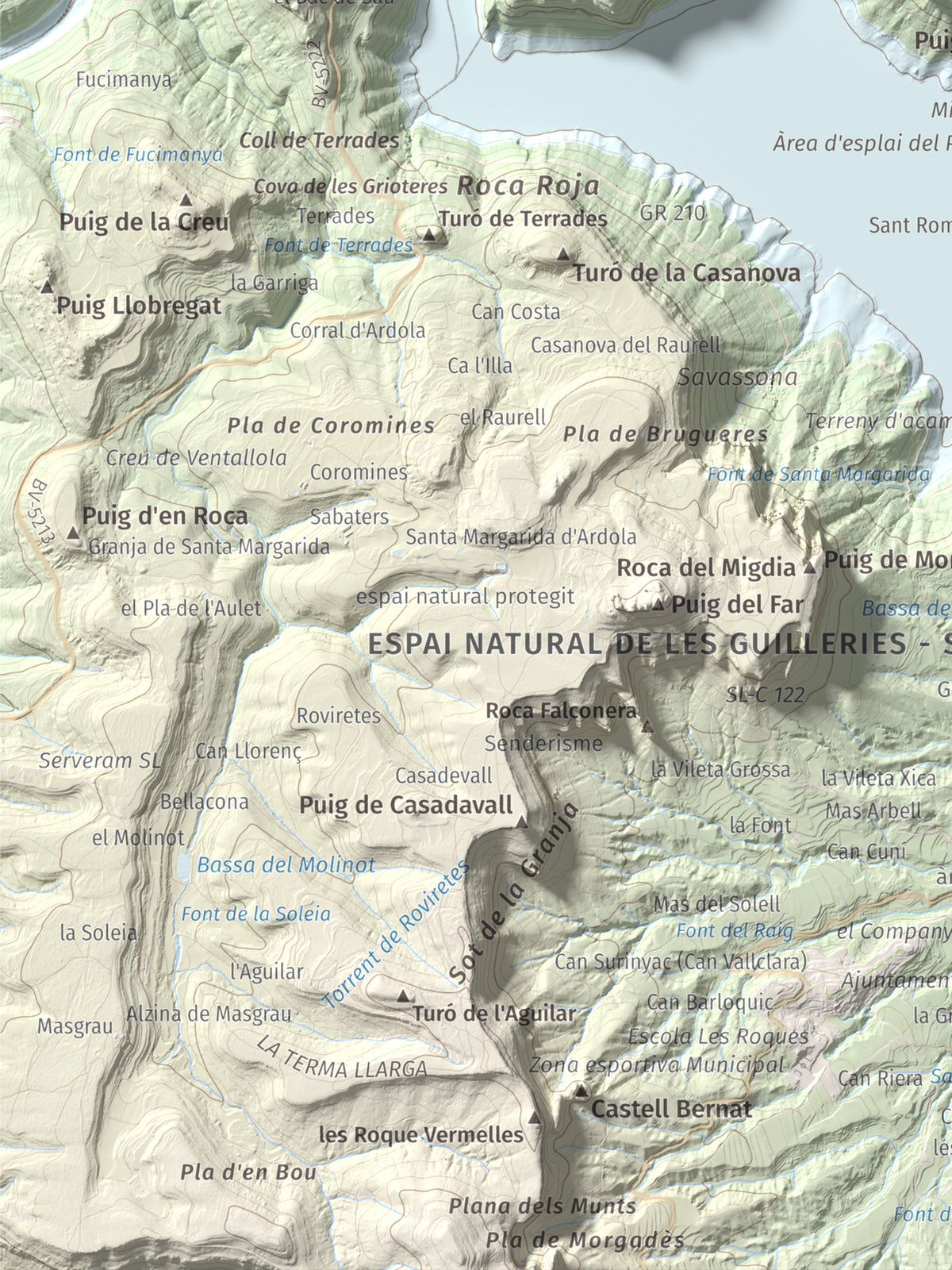 Mapa de relieve de Puig de la Força, 740 m, Osona, lámina 100 Cims de Trobart. Detalle de la zona inferior izquierda. 30 × 40 cm.