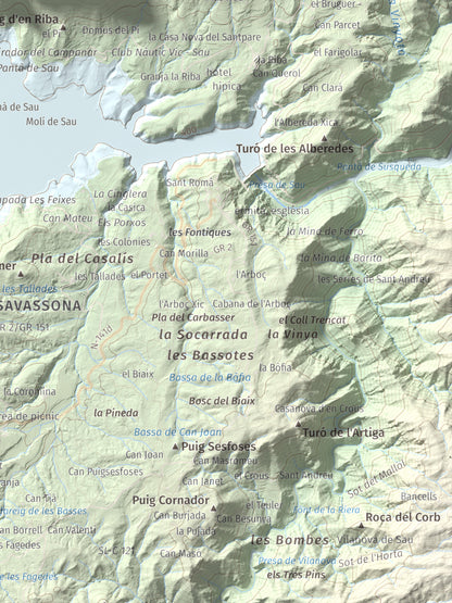 Mapa de relieve de Puig de la Força, 740 m, Osona, lámina 100 Cims de Trobart. Detalle de la zona inferior derecha. 30 × 40 cm.