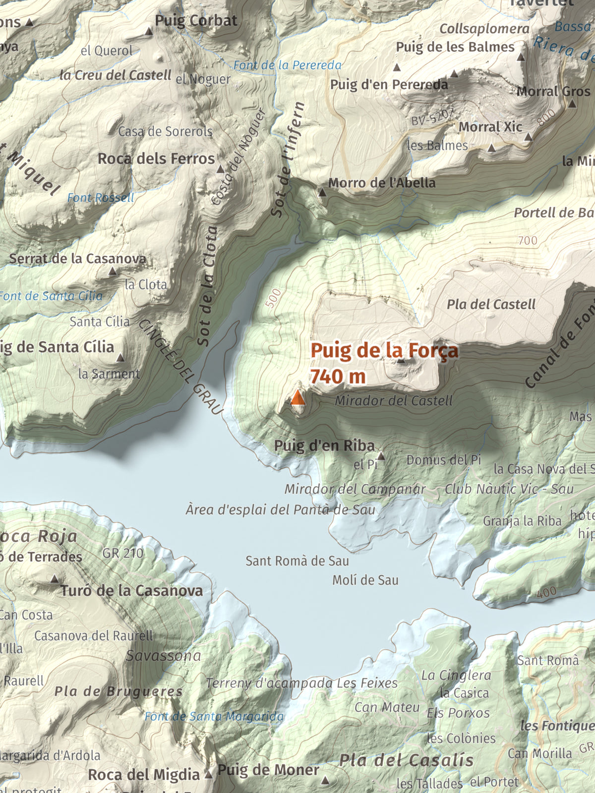 Mapa de relieve de Puig de la Força, 740 m, Osona, lámina 100 Cims de Trobart. Detalle de la zona central. 30 × 40 cm.