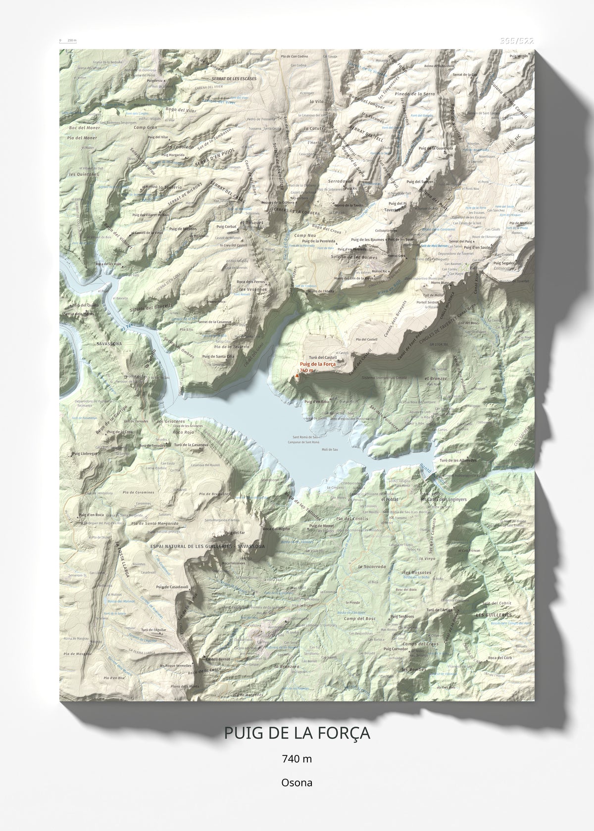 Mapa de relieve de Puig de la Força, 740 m, Osona, lámina 100 Cims de Trobart 50 × 70 cm.