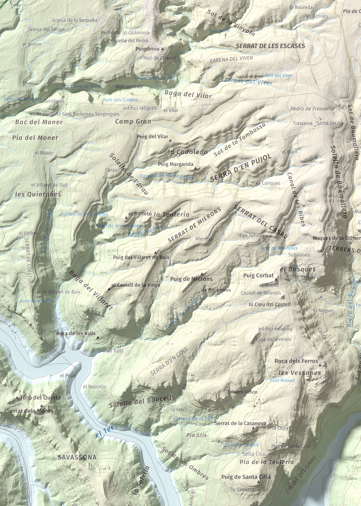Mapa de relieve de Puig de la Força, 740 m, Osona, lámina 100 Cims de Trobart. Detalle de la zona superior izquierda. 50 × 70 cm.