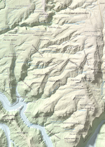 Mapa de relieve de Puig de la Força, 740 m, Osona, lámina 100 Cims de Trobart. Detalle de la zona superior izquierda. 50 × 70 cm.