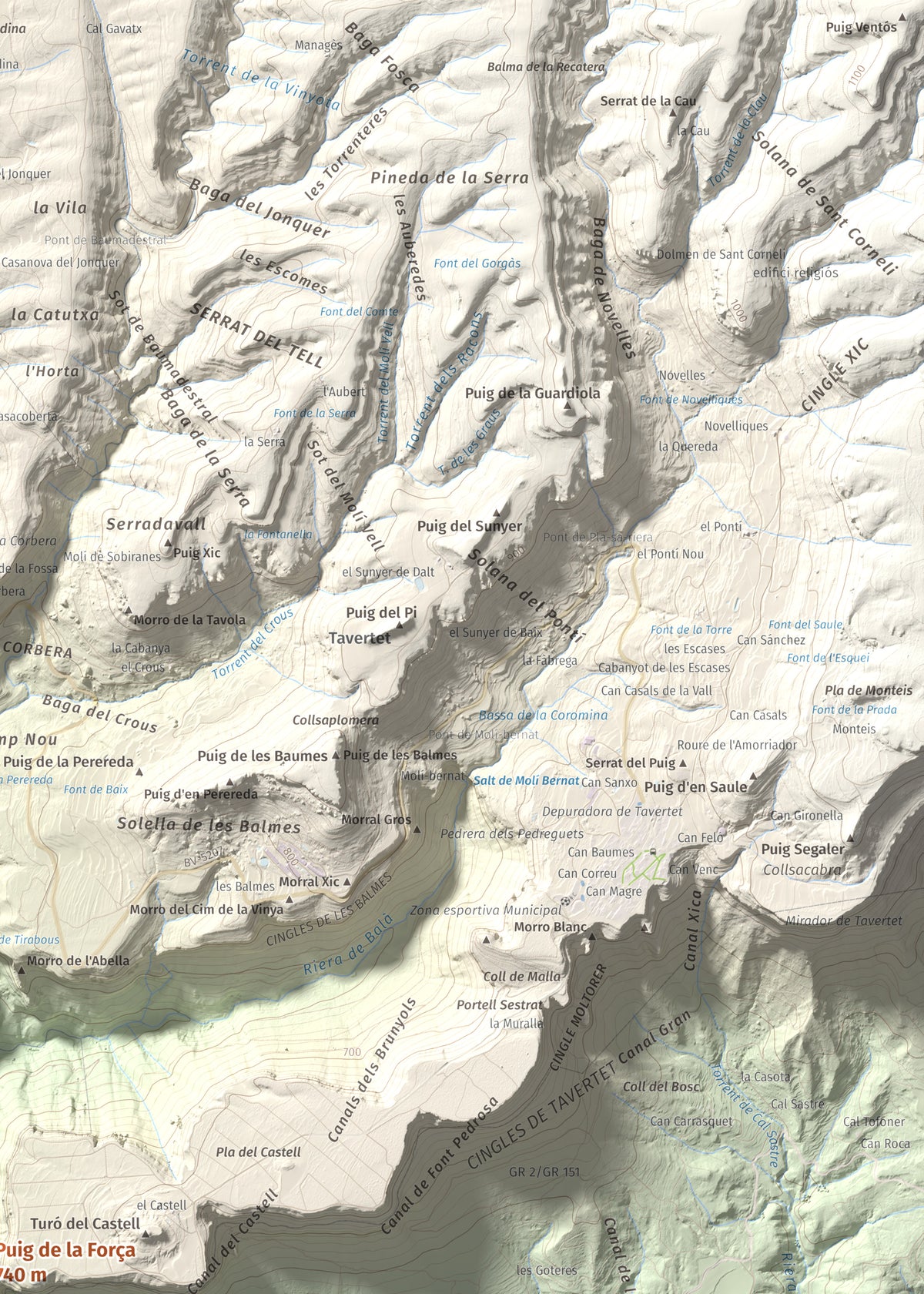 Mapa de relieve de Puig de la Força, 740 m, Osona, lámina 100 Cims de Trobart. Detalle de la zona superior derecha. 50 × 70 cm.
