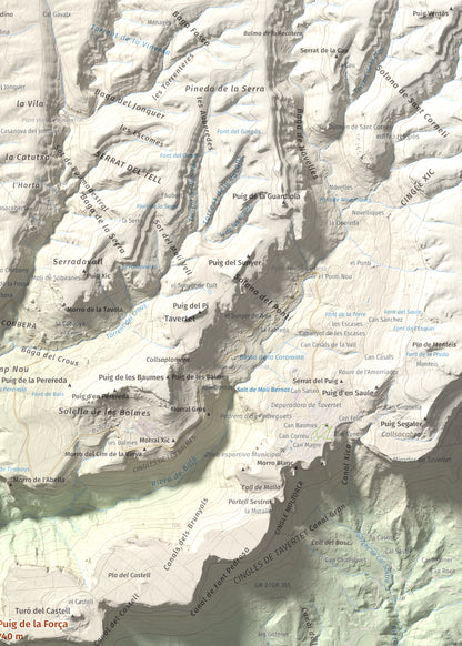 Mapa de relieve de Puig de la Força, 740 m, Osona, lámina 100 Cims de Trobart. Detalle de la zona superior derecha. 50 × 70 cm.