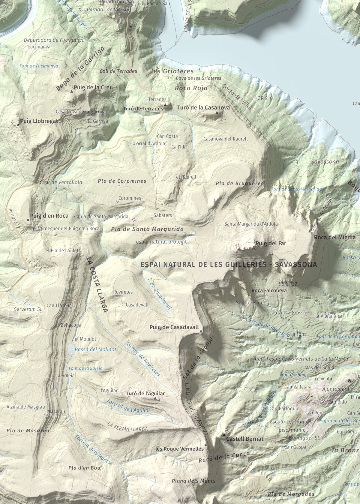 Mapa de relieve de Puig de la Força, 740 m, Osona, lámina 100 Cims de Trobart. Detalle de la zona inferior izquierda. 50 × 70 cm.