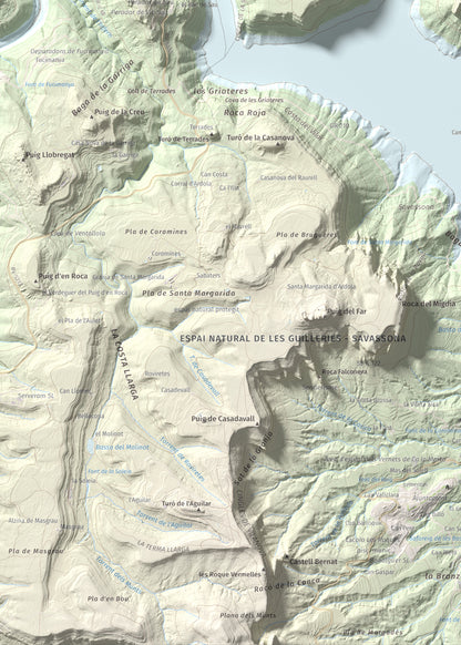 Mapa de relieve de Puig de la Força, 740 m, Osona, lámina 100 Cims de Trobart. Detalle de la zona inferior izquierda. 50 × 70 cm.