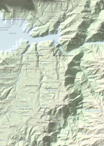 Mapa de relieve de Puig de la Força, 740 m, Osona, lámina 100 Cims de Trobart. Detalle de la zona inferior derecha. 50 × 70 cm.