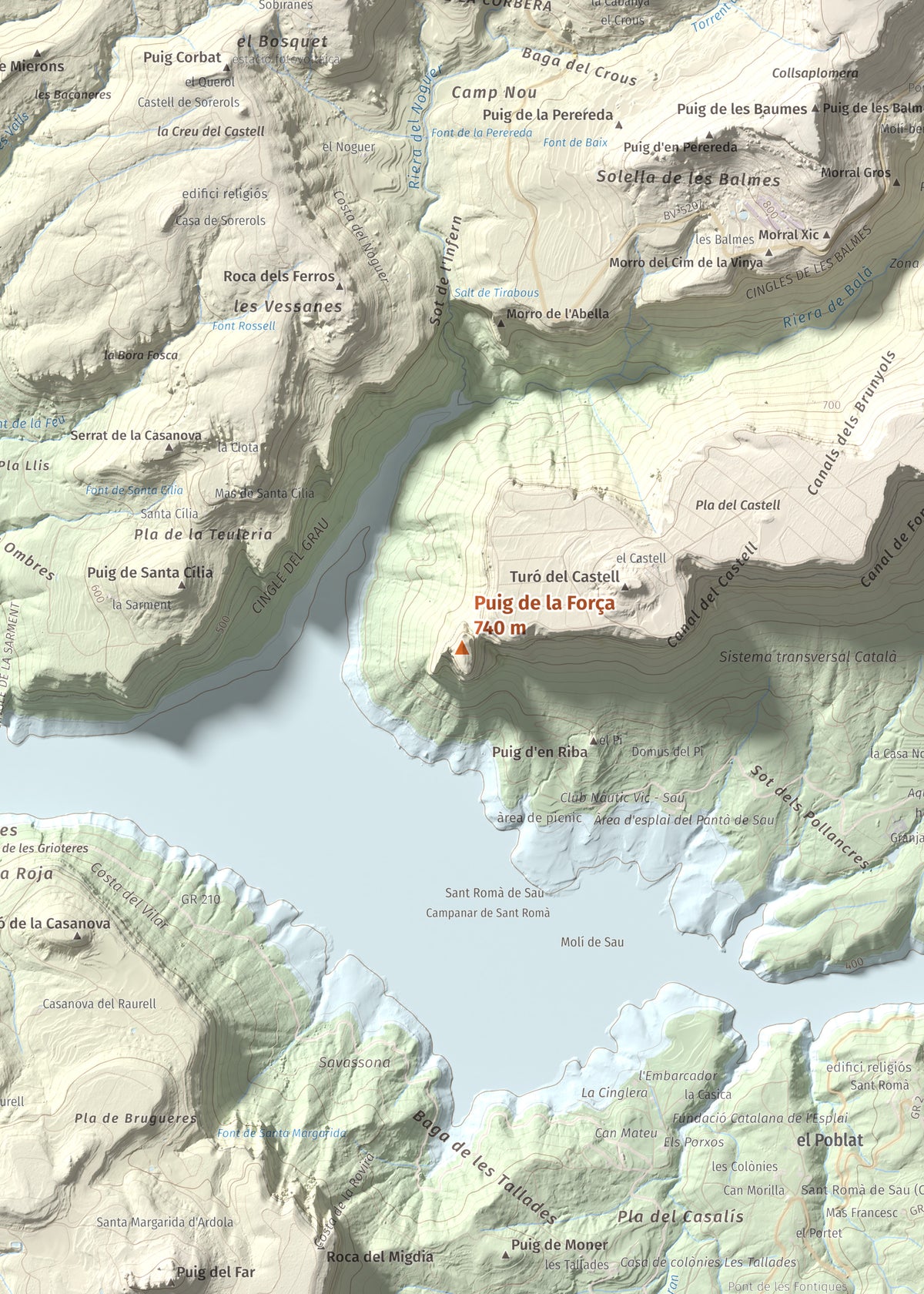 Mapa de relieve de Puig de la Força, 740 m, Osona, lámina 100 Cims de Trobart. Detalle de la zona central. 50 × 70 cm.