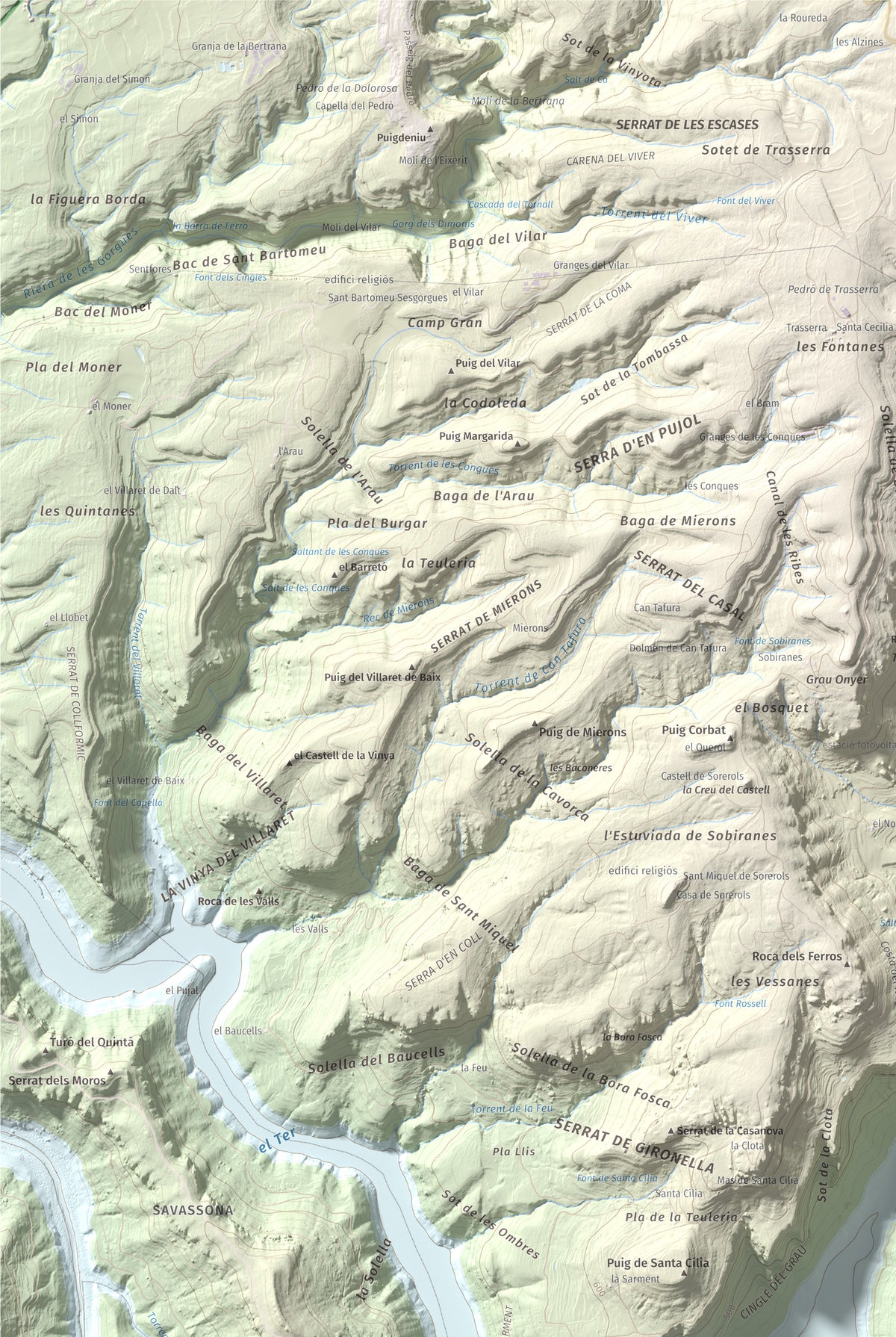 Mapa de relieve de Puig de la Força, 740 m, Osona, lámina 100 Cims de Trobart. Detalle de la zona superior izquierda. 61 × 91 cm.
