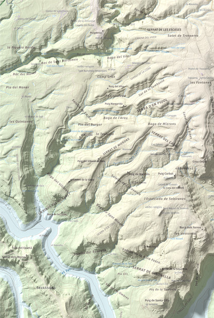 Mapa de relieve de Puig de la Força, 740 m, Osona, lámina 100 Cims de Trobart. Detalle de la zona superior izquierda. 61 × 91 cm.