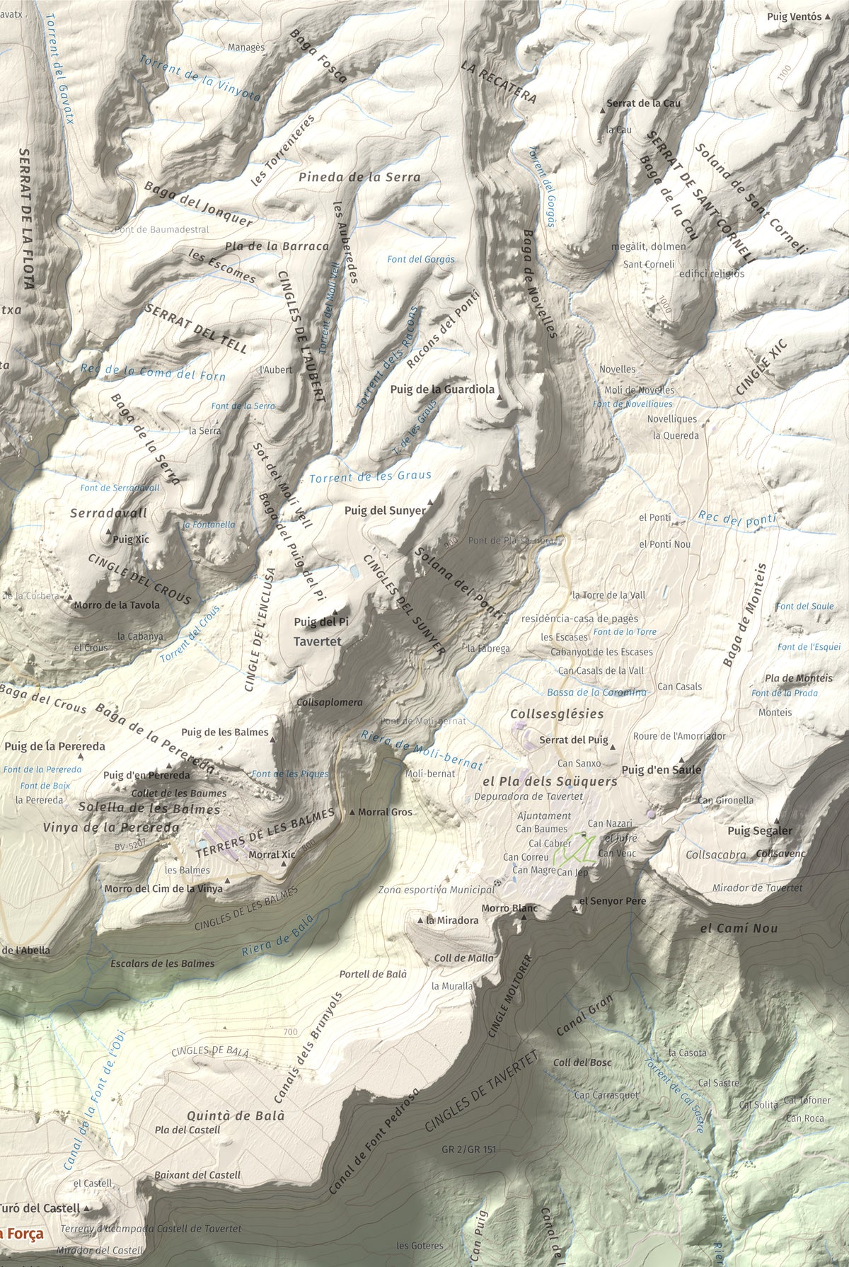 Mapa de relieve de Puig de la Força, 740 m, Osona, lámina 100 Cims de Trobart. Detalle de la zona superior derecha. 61 × 91 cm.