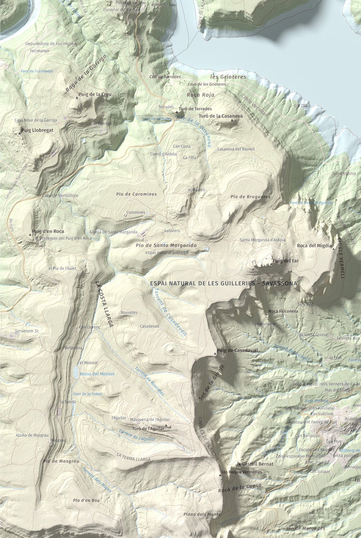 Mapa de relieve de Puig de la Força, 740 m, Osona, lámina 100 Cims de Trobart. Detalle de la zona inferior izquierda. 61 × 91 cm.