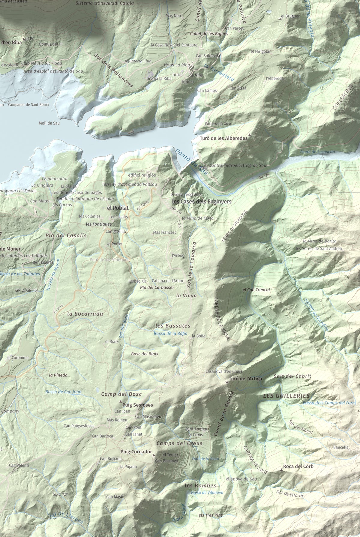Mapa de relieve de Puig de la Força, 740 m, Osona, lámina 100 Cims de Trobart. Detalle de la zona inferior derecha. 61 × 91 cm.