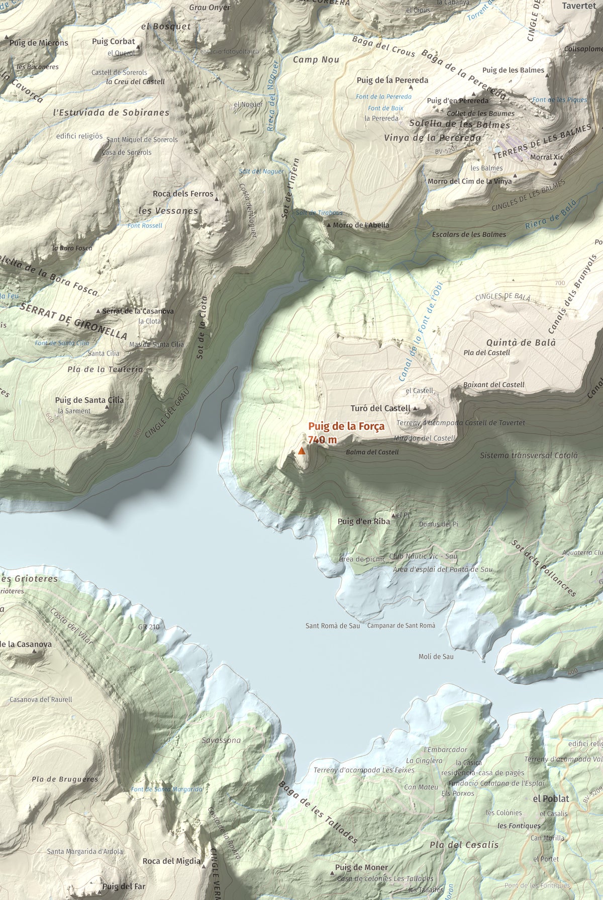 Mapa de relieve de Puig de la Força, 740 m, Osona, lámina 100 Cims de Trobart. Detalle de la zona central. 61 × 91 cm.