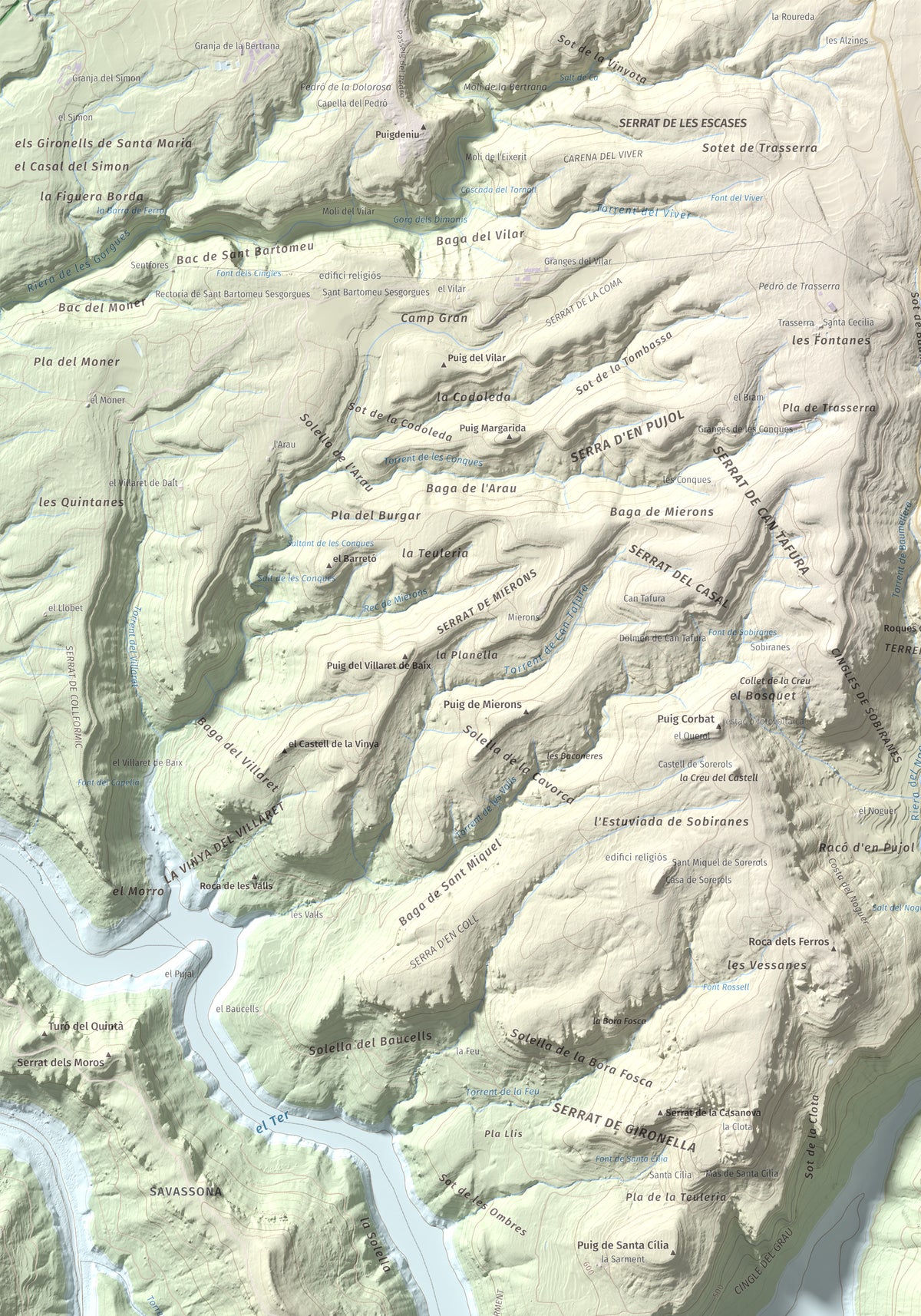 Mapa de relieve de Puig de la Força, 740 m, Osona, lámina 100 Cims de Trobart. Detalle de la zona superior izquierda. 70 × 100 cm.