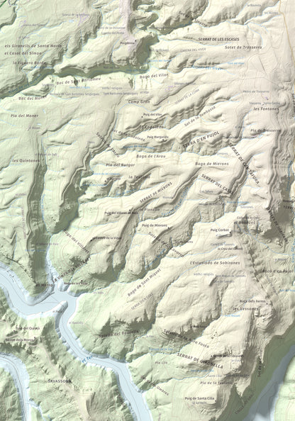Mapa de relieve de Puig de la Força, 740 m, Osona, lámina 100 Cims de Trobart. Detalle de la zona superior izquierda. 70 × 100 cm.