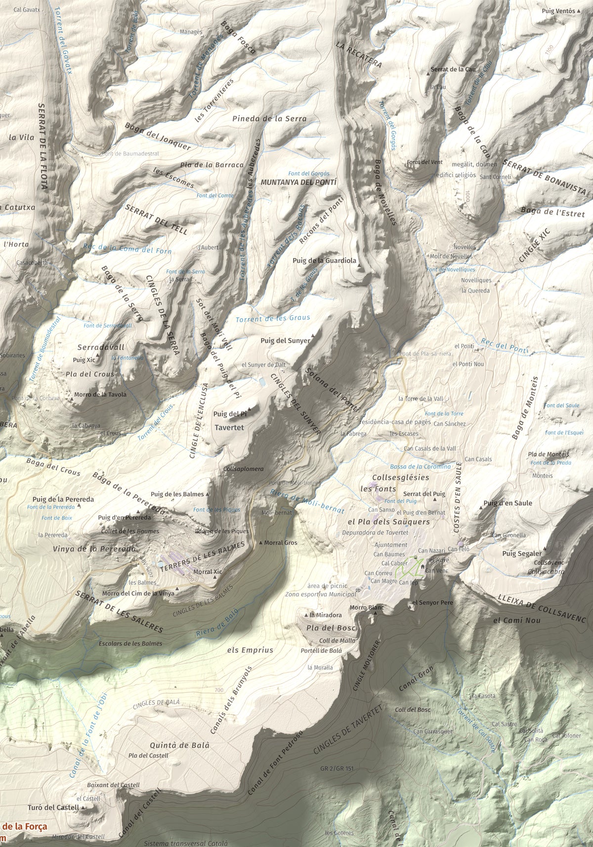 Mapa de relieve de Puig de la Força, 740 m, Osona, lámina 100 Cims de Trobart. Detalle de la zona superior derecha. 70 × 100 cm.