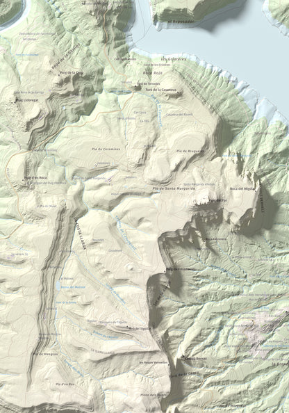 Mapa de relieve de Puig de la Força, 740 m, Osona, lámina 100 Cims de Trobart. Detalle de la zona inferior izquierda. 70 × 100 cm.