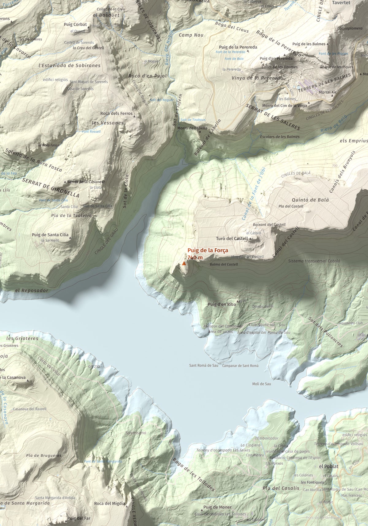 Mapa de relieve de Puig de la Força, 740 m, Osona, lámina 100 Cims de Trobart. Detalle de la zona central. 70 × 100 cm.