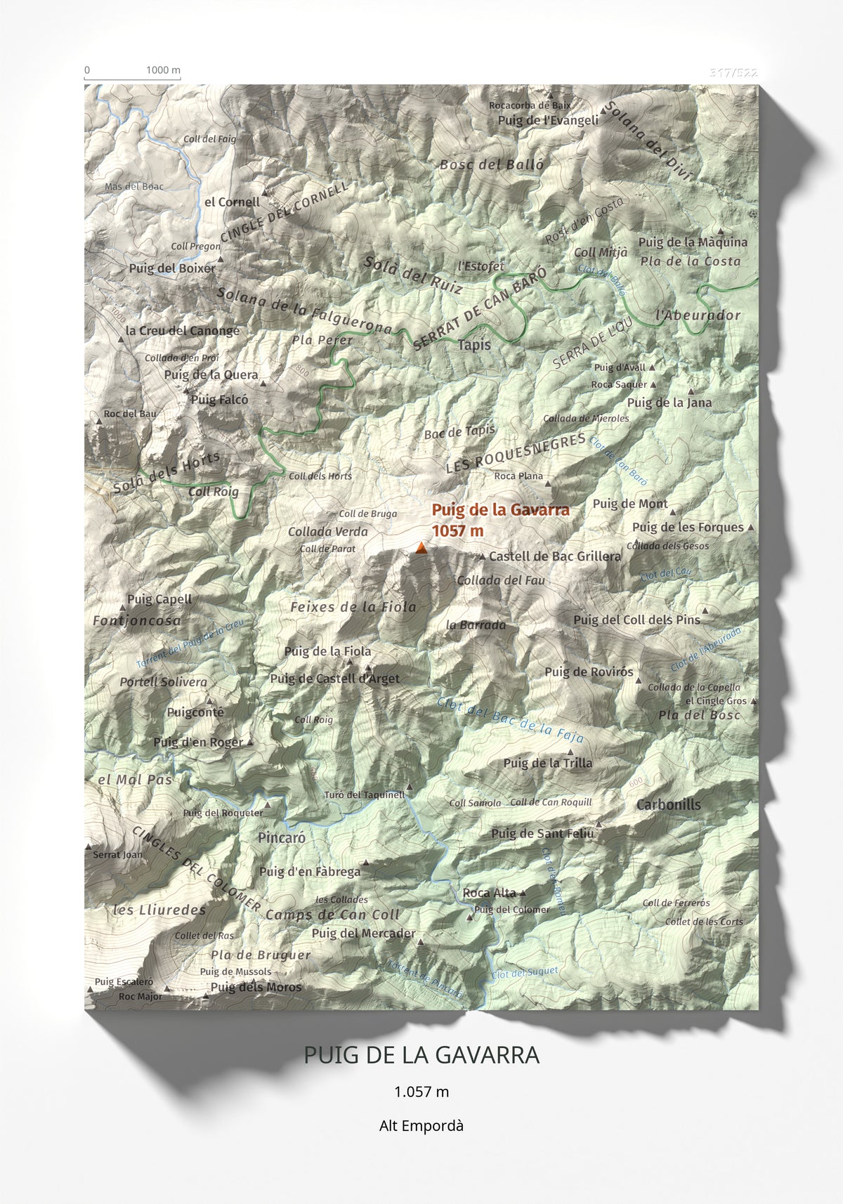 Mapa de relieve de Puig de la Gavarra, 1057 m, Alt Empordà, lámina 100 Cims de Trobart 21 × 30 cm.