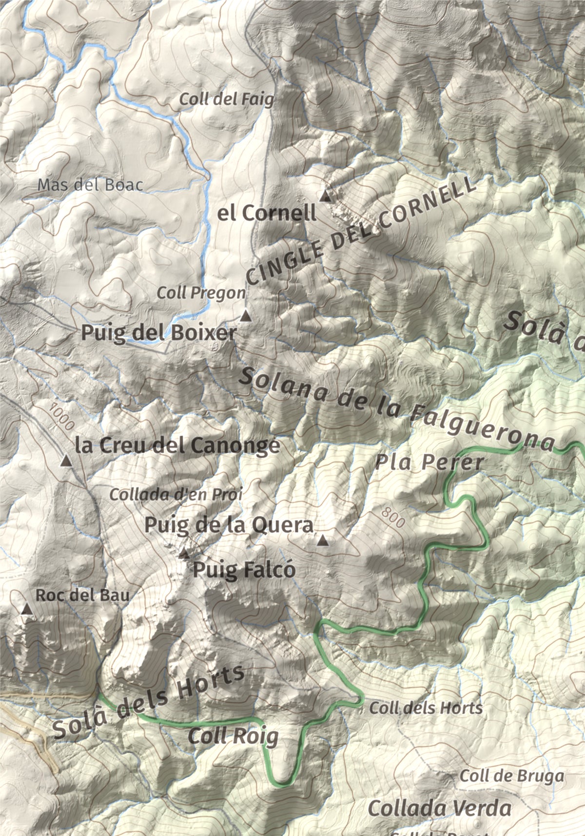Mapa de relieve de Puig de la Gavarra, 1057 m, Alt Empordà, lámina 100 Cims de Trobart. Detalle de la zona superior izquierda. 21 × 30 cm.