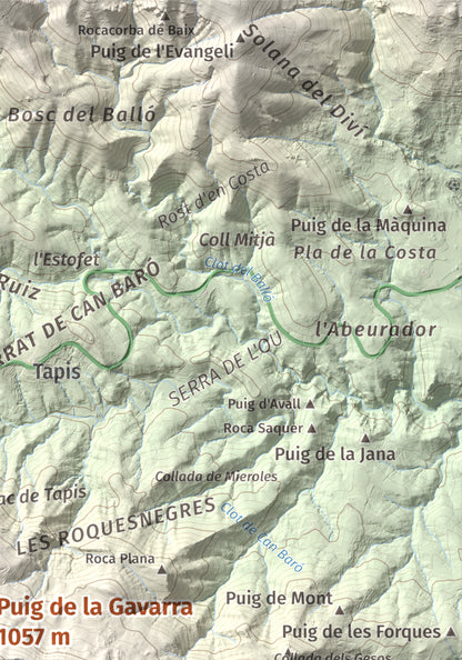 Mapa de relieve de Puig de la Gavarra, 1057 m, Alt Empordà, lámina 100 Cims de Trobart. Detalle de la zona superior derecha. 21 × 30 cm.