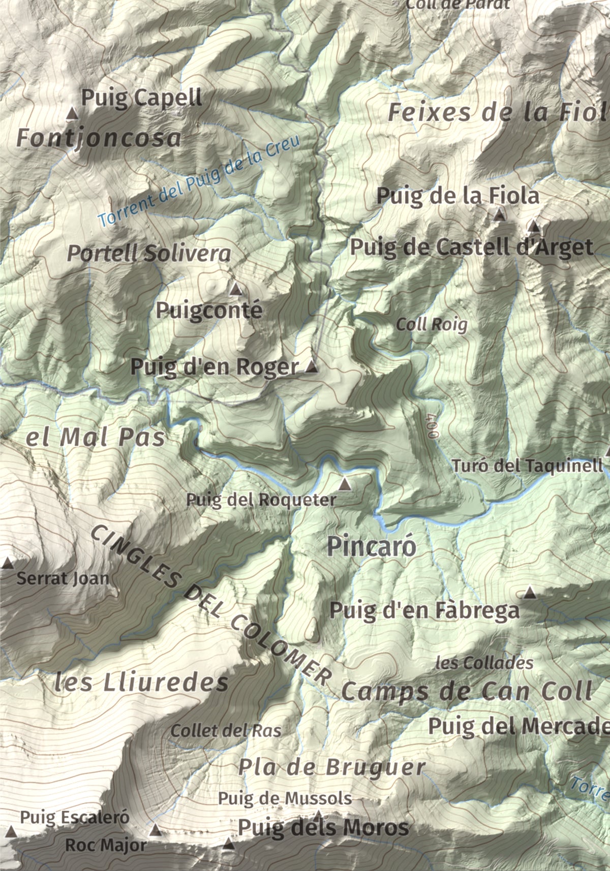 Mapa de relieve de Puig de la Gavarra, 1057 m, Alt Empordà, lámina 100 Cims de Trobart. Detalle de la zona inferior izquierda. 21 × 30 cm.