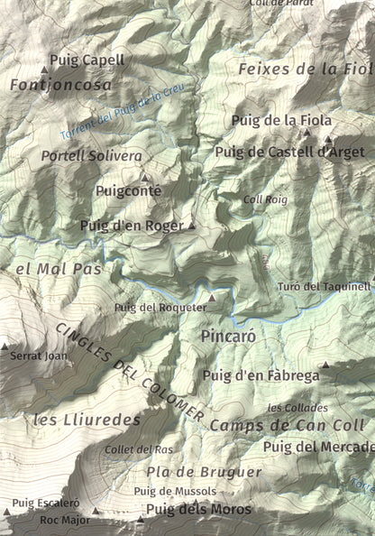 Mapa de relieve de Puig de la Gavarra, 1057 m, Alt Empordà, lámina 100 Cims de Trobart. Detalle de la zona inferior izquierda. 21 × 30 cm.