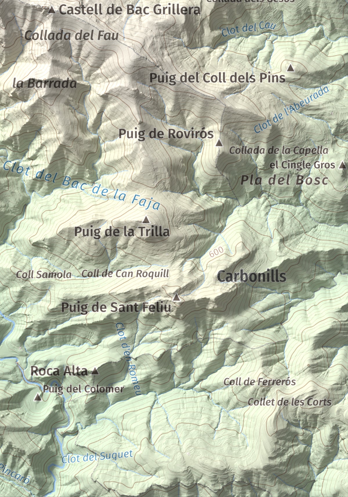Mapa de relieve de Puig de la Gavarra, 1057 m, Alt Empordà, lámina 100 Cims de Trobart. Detalle de la zona inferior derecha. 21 × 30 cm.
