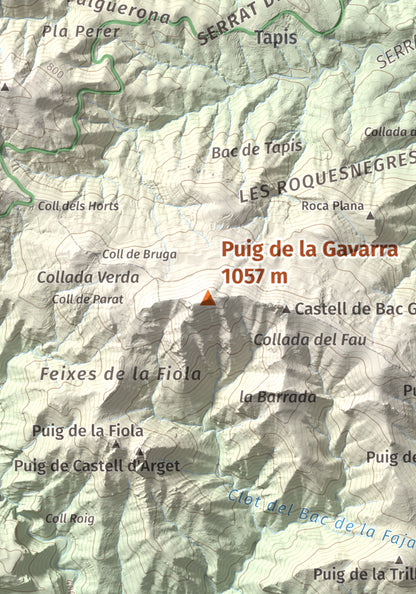 Mapa de relieve de Puig de la Gavarra, 1057 m, Alt Empordà, lámina 100 Cims de Trobart. Detalle de la zona central. 21 × 30 cm.