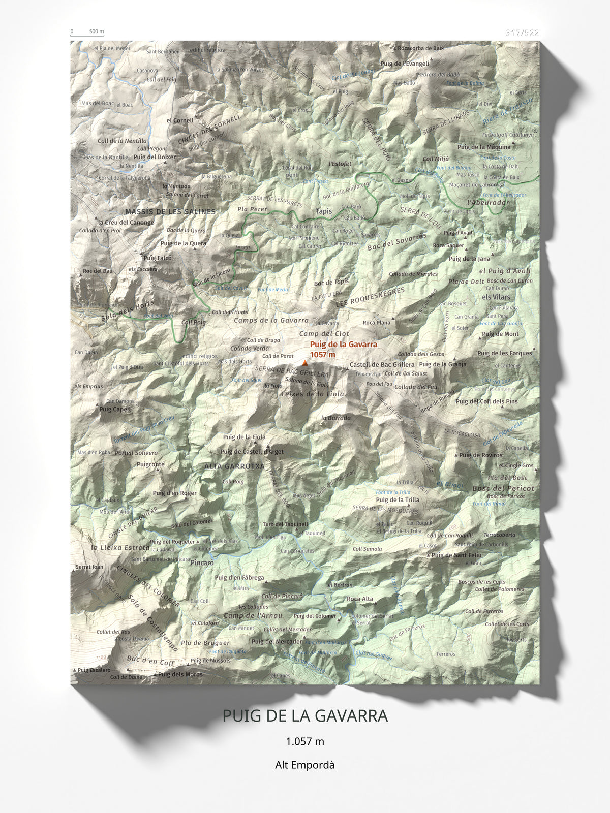 Mapa de relieve de Puig de la Gavarra, 1057 m, Alt Empordà, lámina 100 Cims de Trobart 30 × 40 cm.