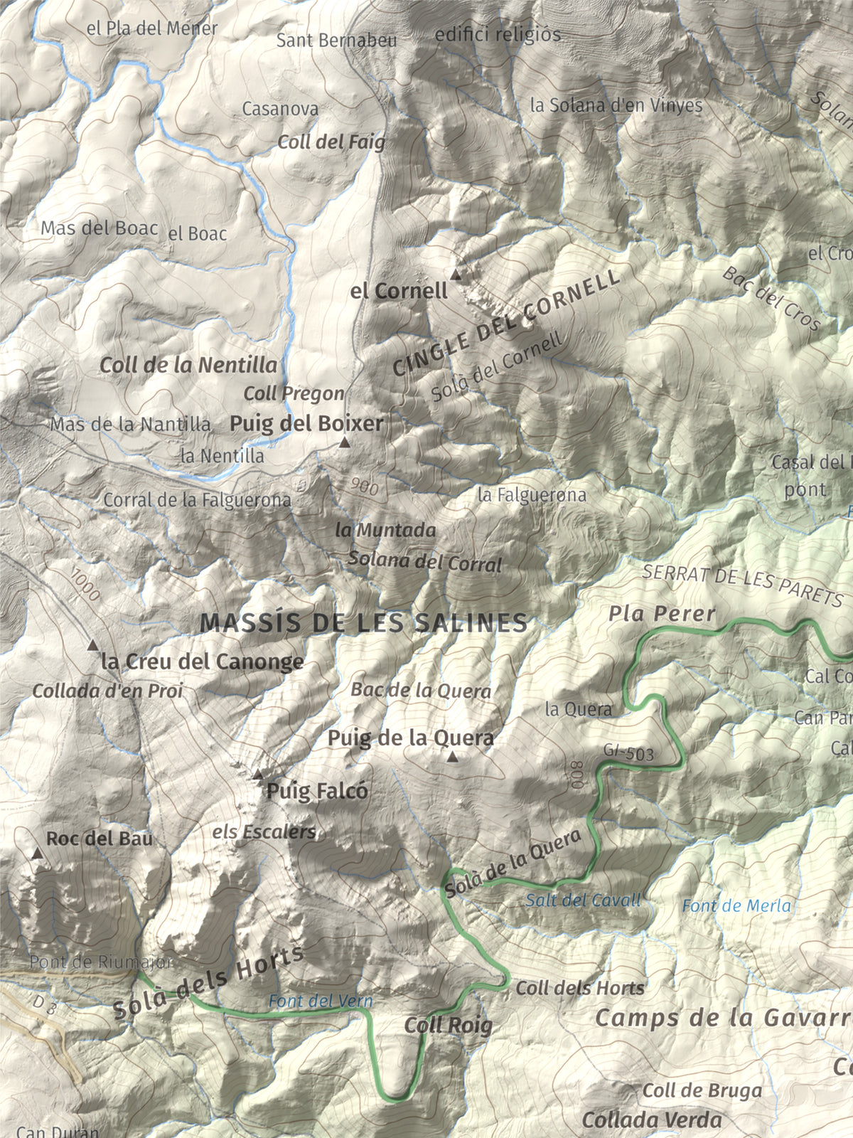 Mapa de relieve de Puig de la Gavarra, 1057 m, Alt Empordà, lámina 100 Cims de Trobart. Detalle de la zona superior izquierda. 30 × 40 cm.
