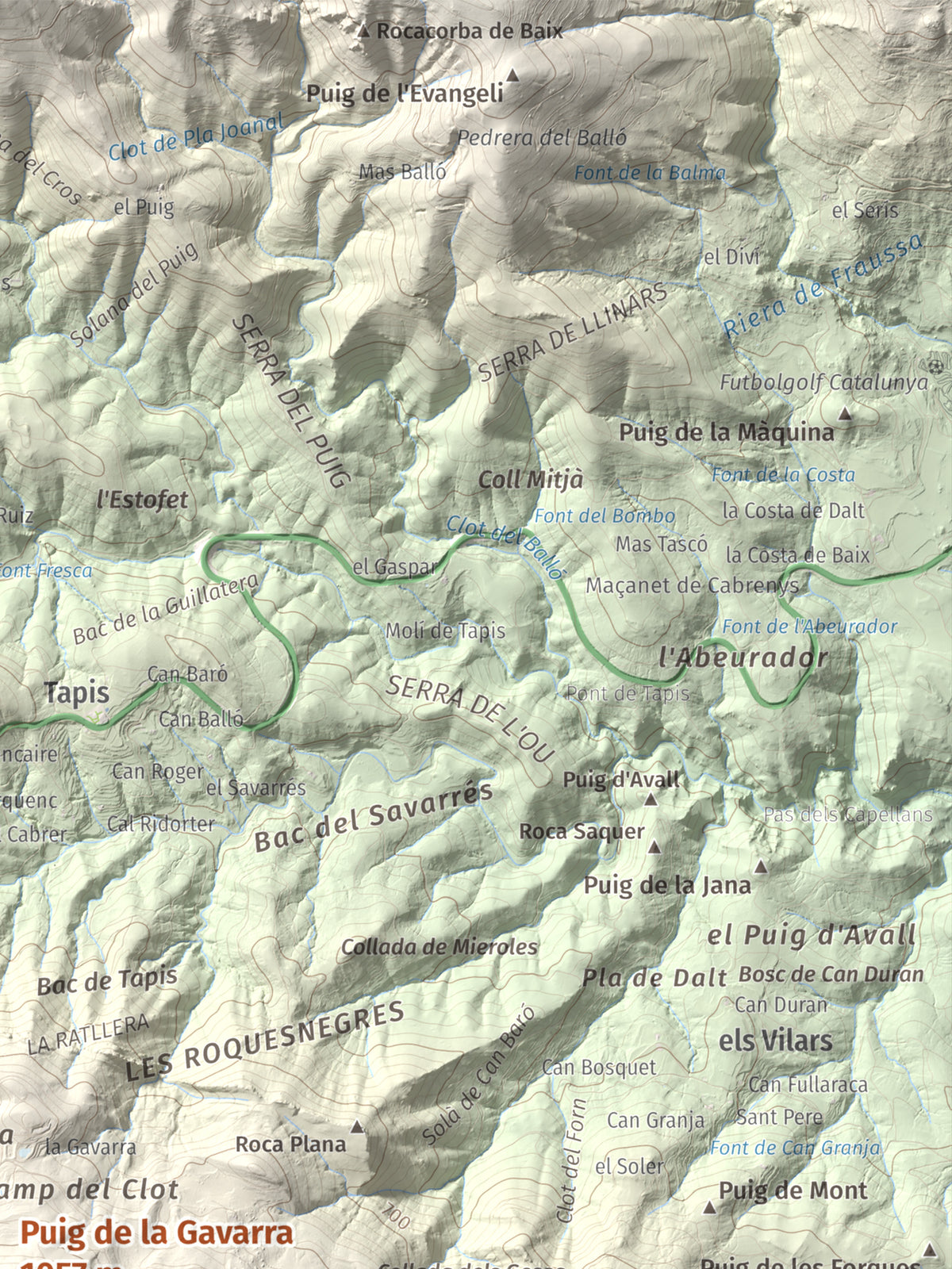 Mapa de relieve de Puig de la Gavarra, 1057 m, Alt Empordà, lámina 100 Cims de Trobart. Detalle de la zona superior derecha. 30 × 40 cm.