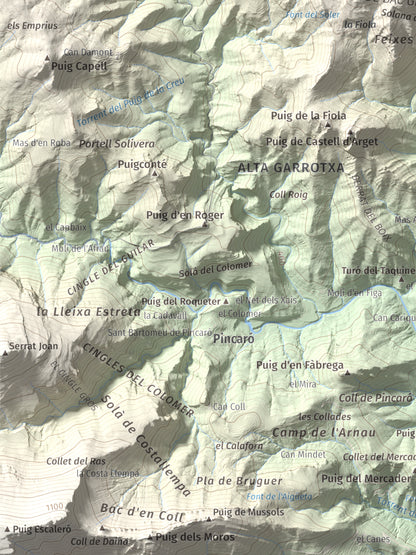 Mapa de relieve de Puig de la Gavarra, 1057 m, Alt Empordà, lámina 100 Cims de Trobart. Detalle de la zona inferior izquierda. 30 × 40 cm.