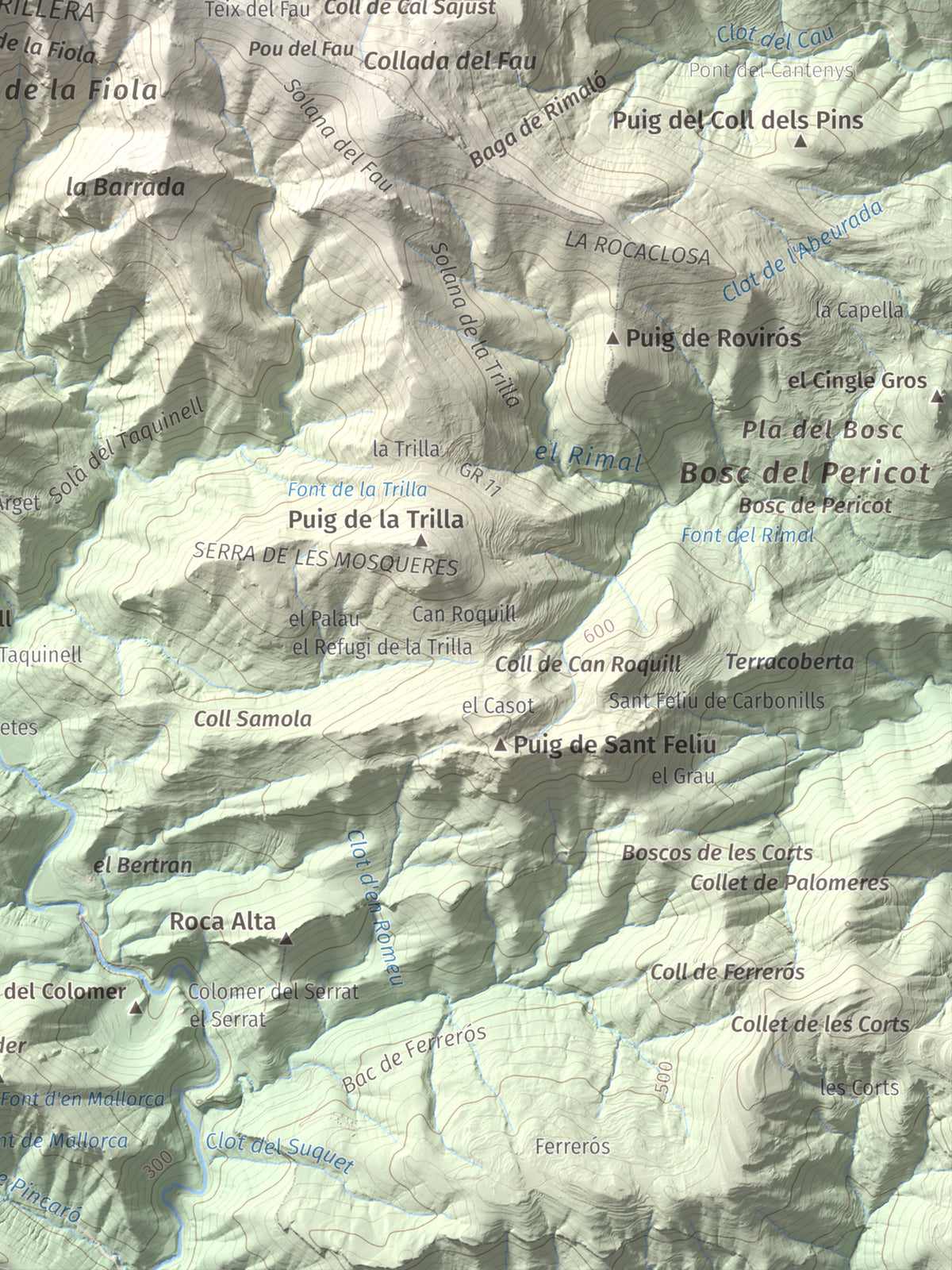 Mapa de relieve de Puig de la Gavarra, 1057 m, Alt Empordà, lámina 100 Cims de Trobart. Detalle de la zona inferior derecha. 30 × 40 cm.